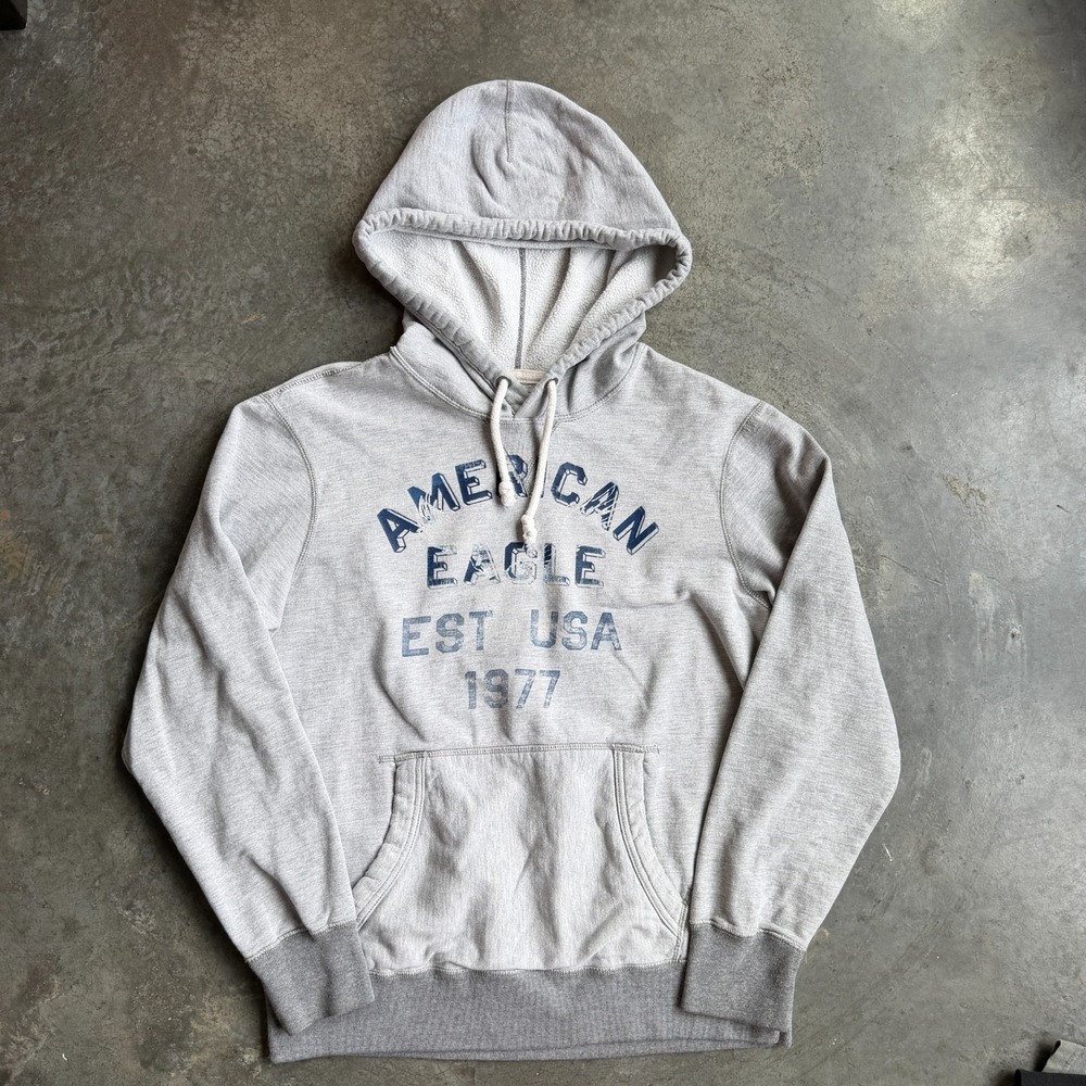 American Eagle Y2K Faded Spellout Hoodie Sweatshirt Gray Mens Large Fleece 22x25